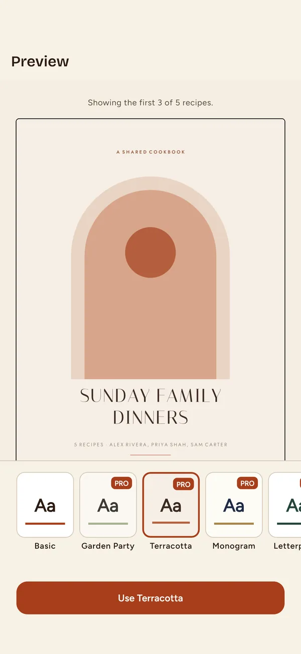 Nabe app: a PDF preview of a cookbook cover in the Terracotta theme, with a row of themes to choose from