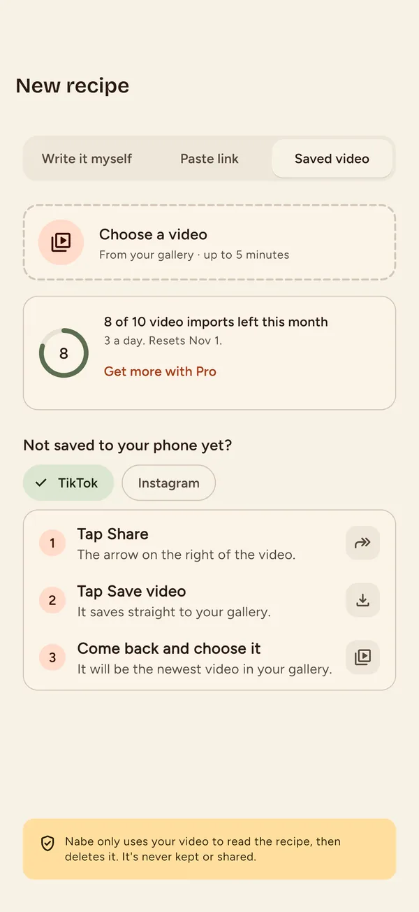 Nabe app: the Saved video tab, with a video picker, the month's import allowance and how to save a video from TikTok