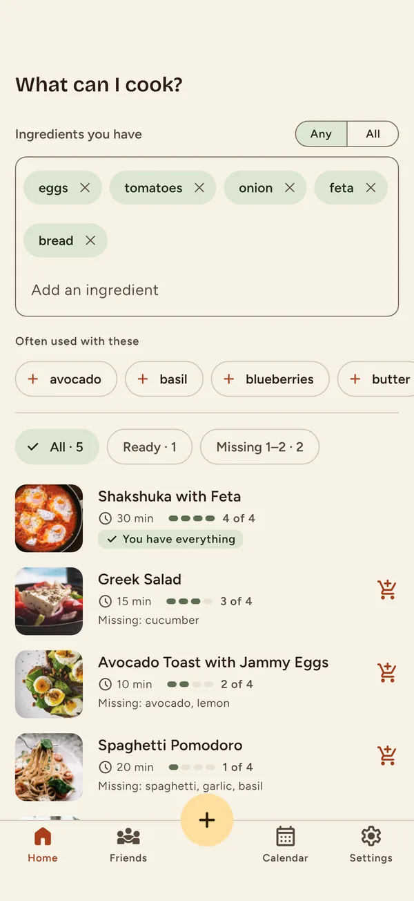 Nabe app: What can I cook, ranking saved recipes by the ingredients you have